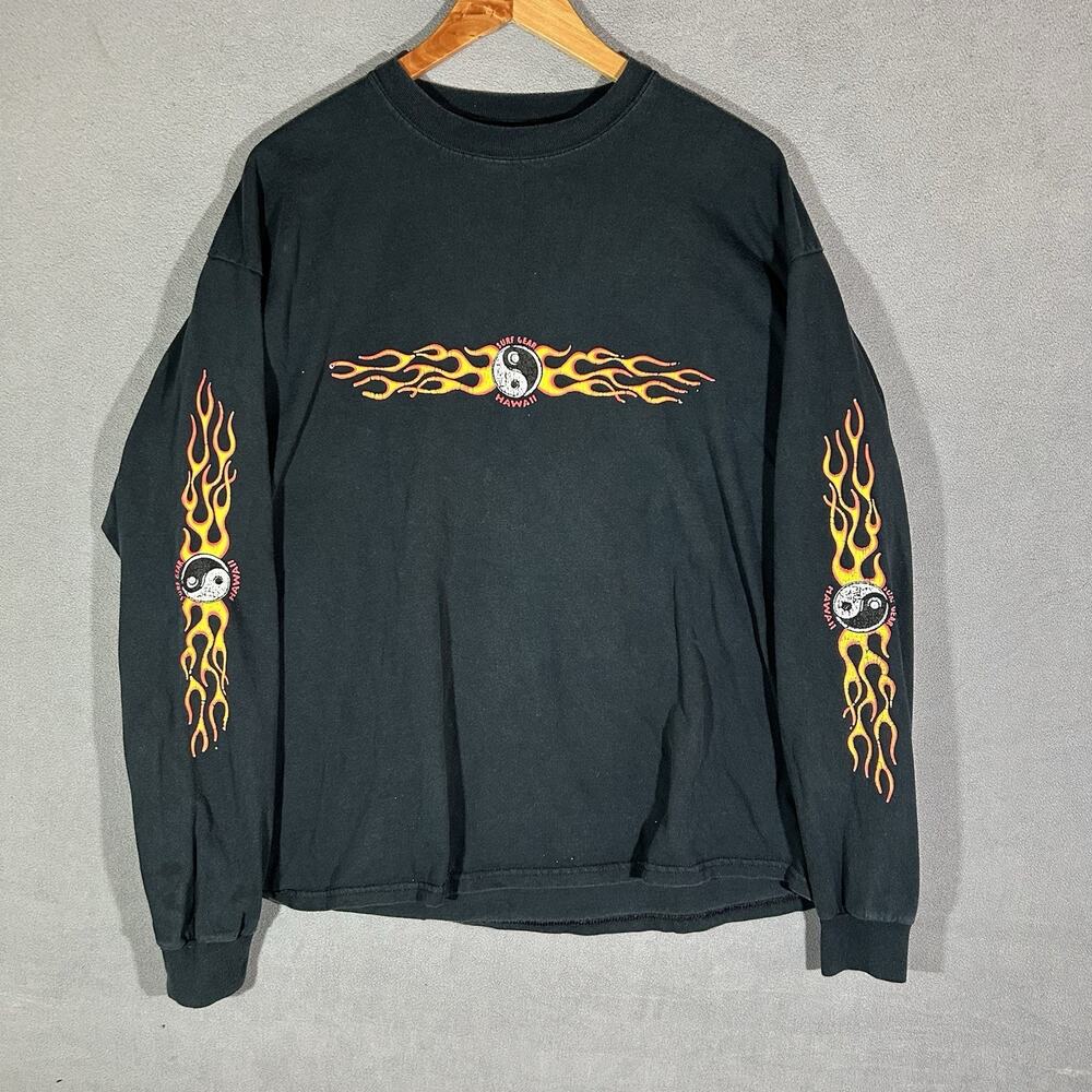 Vintage Y2K Surf Gear Hawaii Black Flame Long Sleeve Tee Size XL Long Sleeve